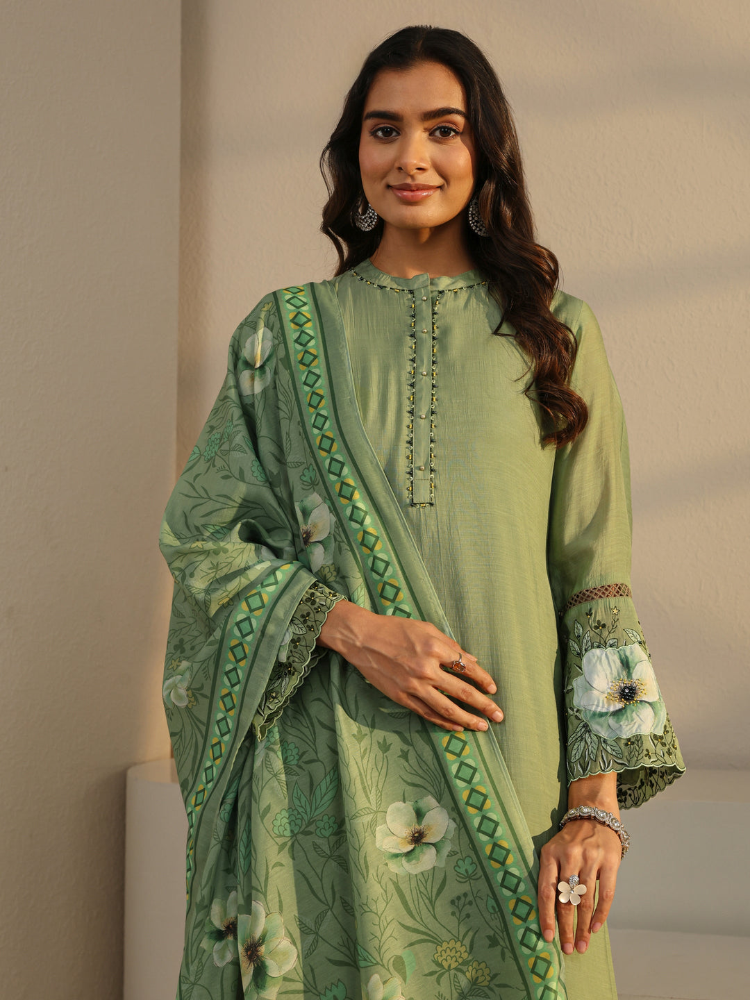  Green Solid Chanderi Silk Straight Suit Set With Dupatta 
