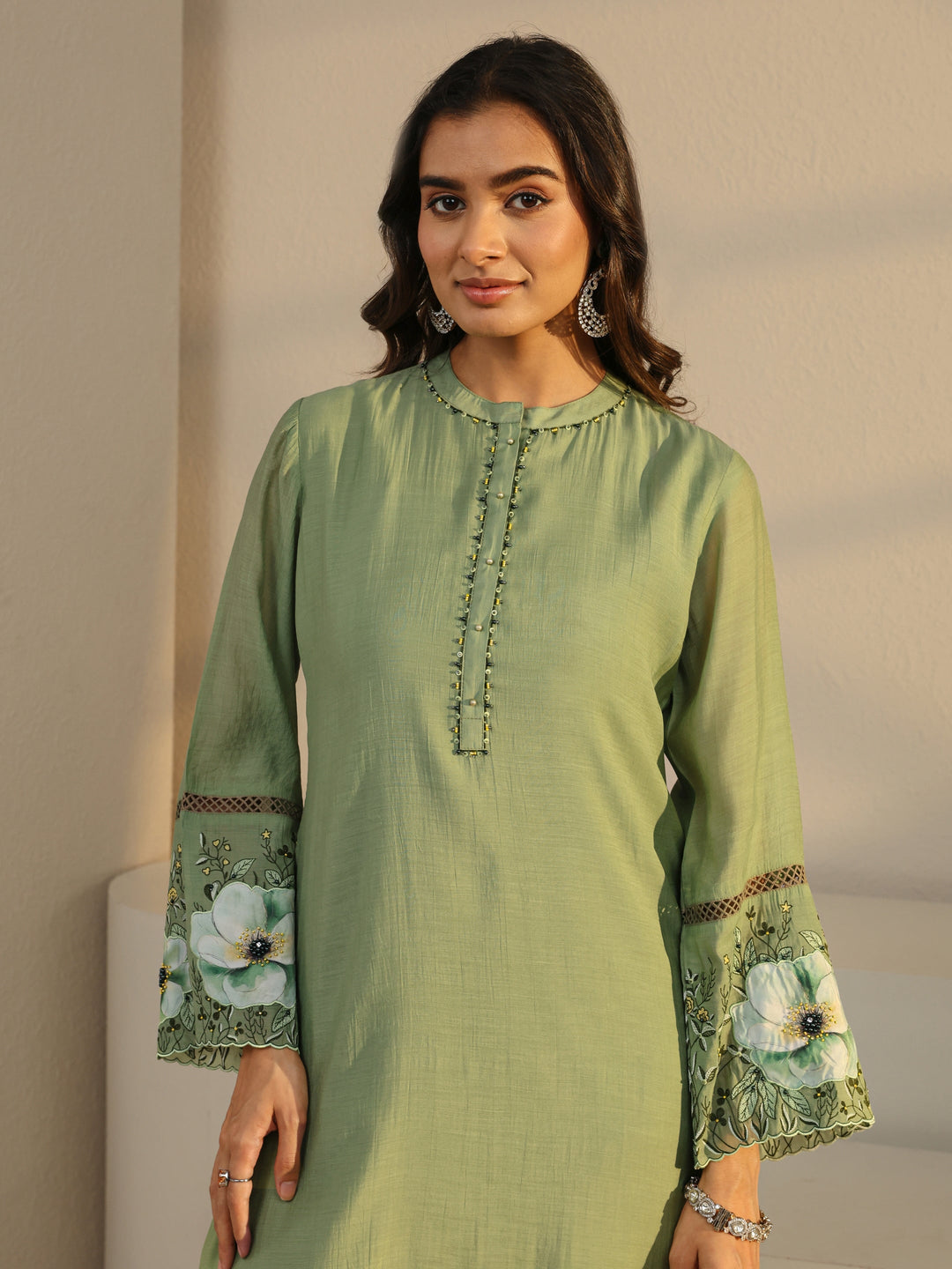  Green Solid Chanderi Silk Straight Suit Set With Dupatta 