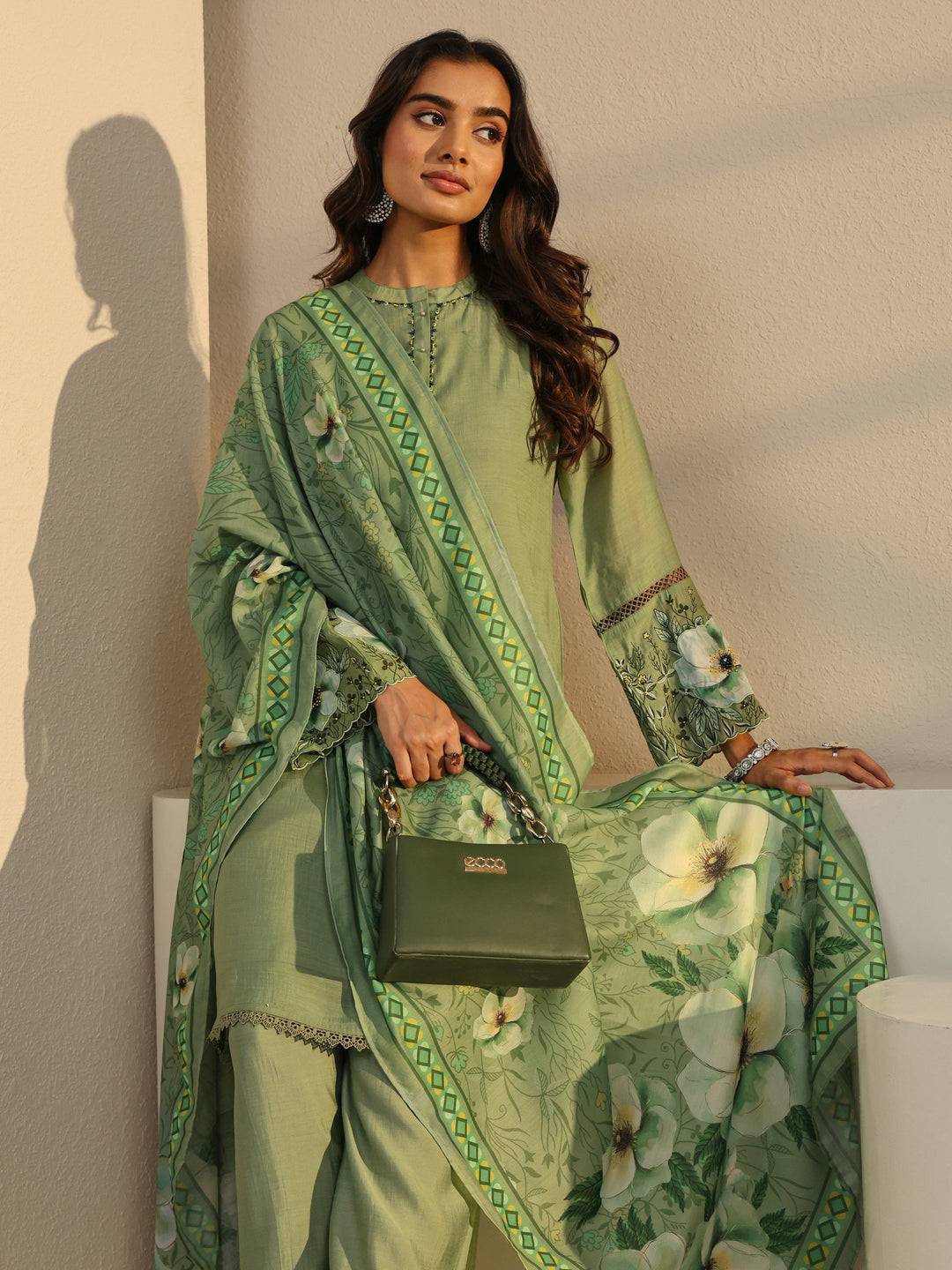  Green Solid Chanderi Silk Straight Suit Set With Dupatta 