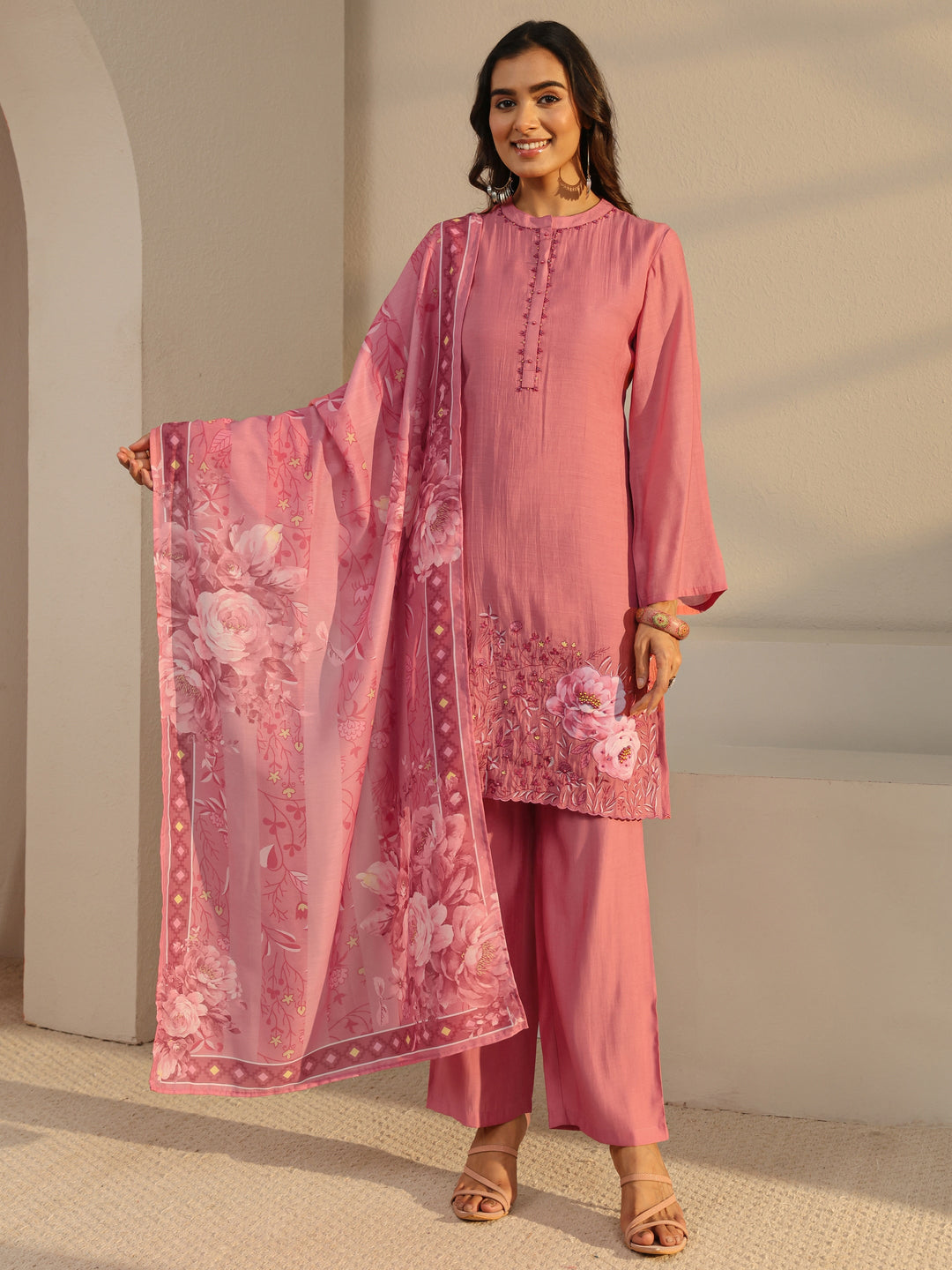  Pink Floral Embroidered Chanderi Silk Straight Suit Set With Dupatta 