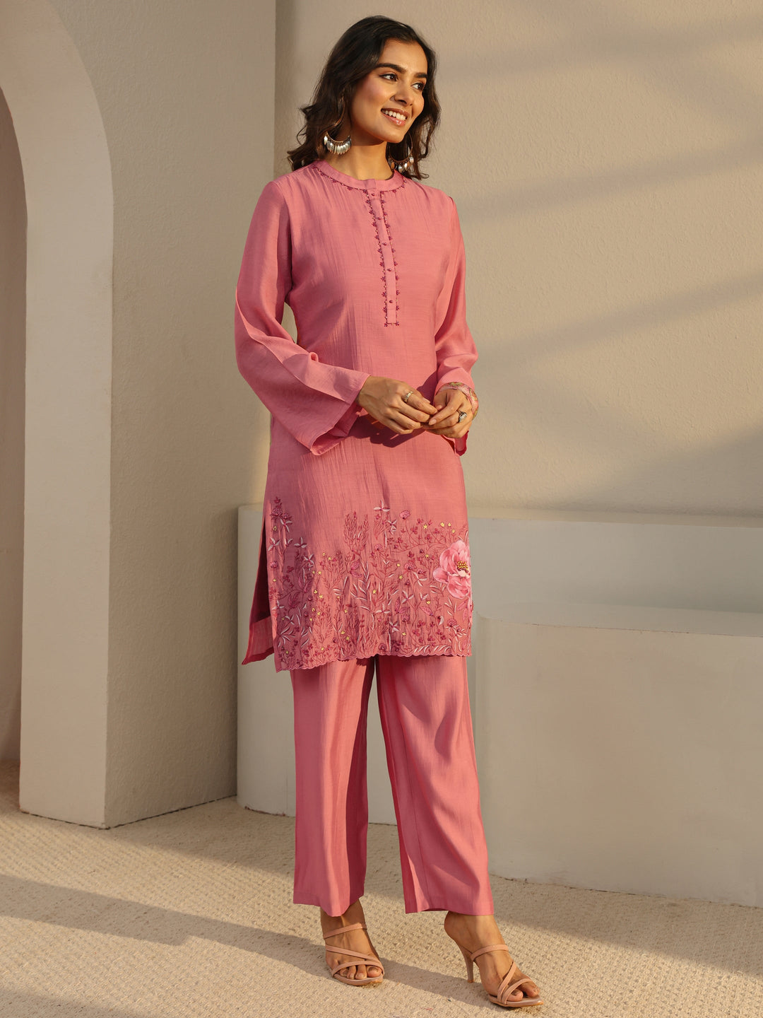  Pink Floral Embroidered Chanderi Silk Straight Suit Set With Dupatta 