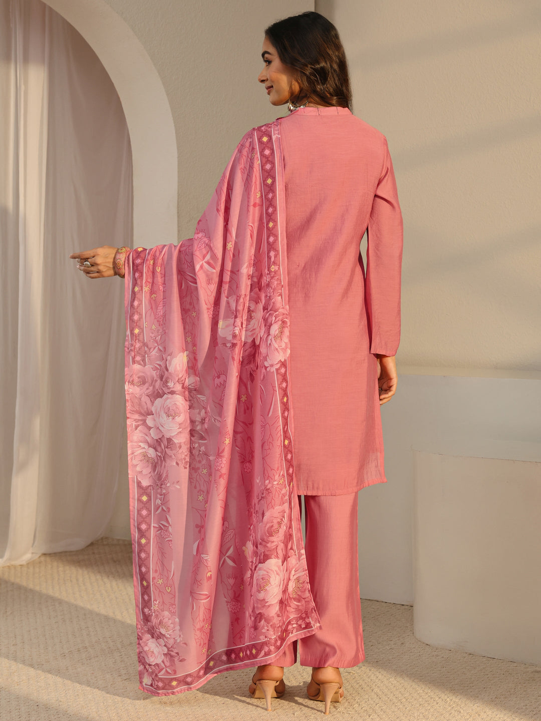 Pink Floral Embroidered Chanderi Silk Straight Suit Set With Dupatta 