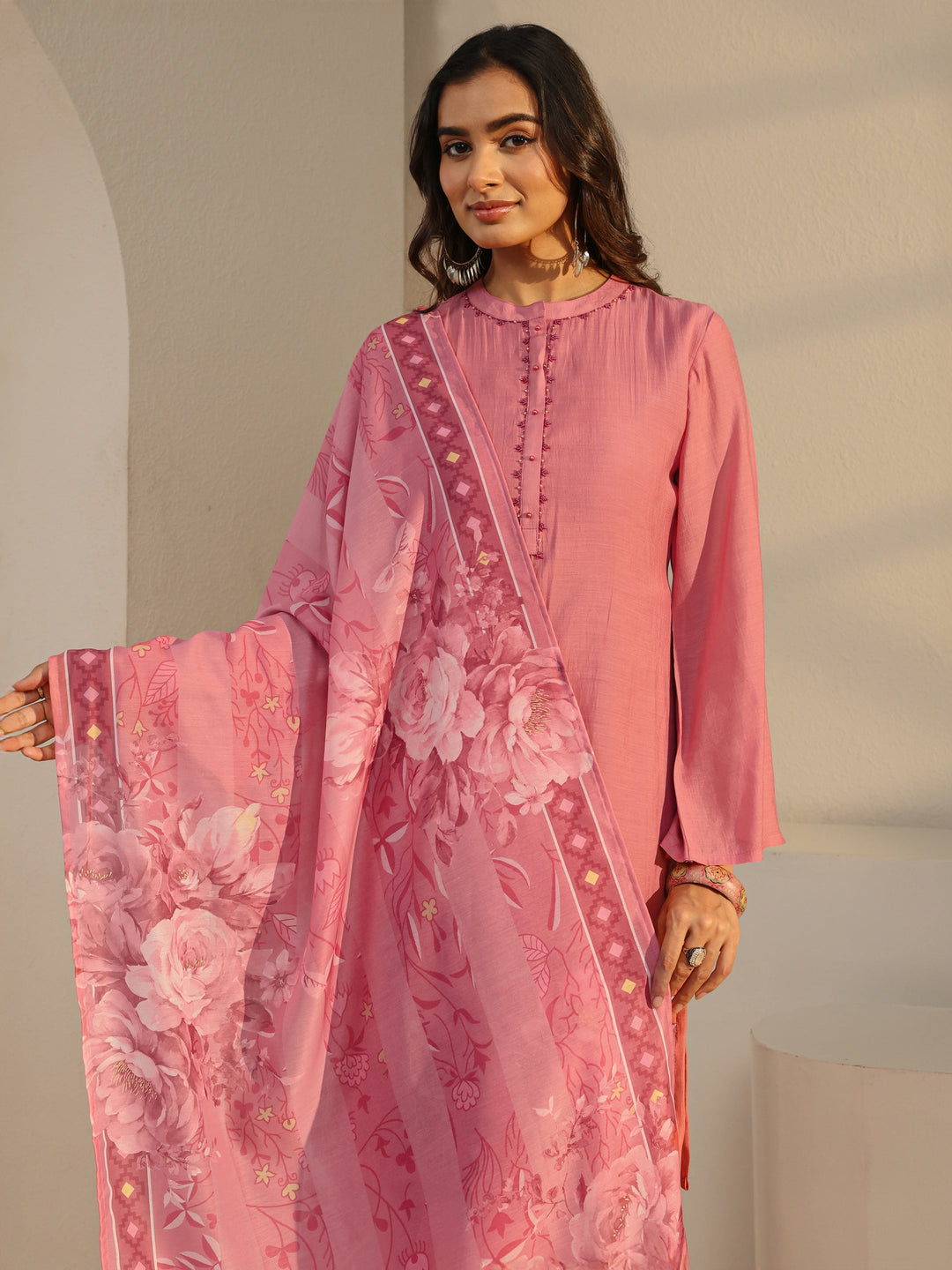  Pink Floral Embroidered Chanderi Silk Straight Suit Set With Dupatta 