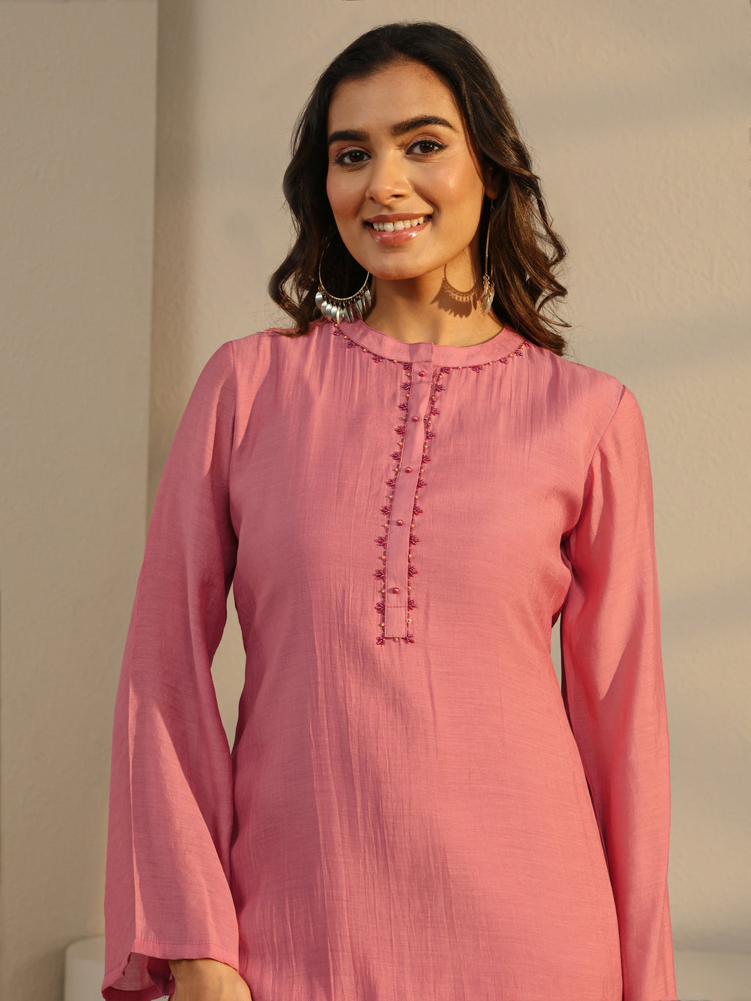  Pink Floral Embroidered Chanderi Silk Straight Suit Set With Dupatta 
