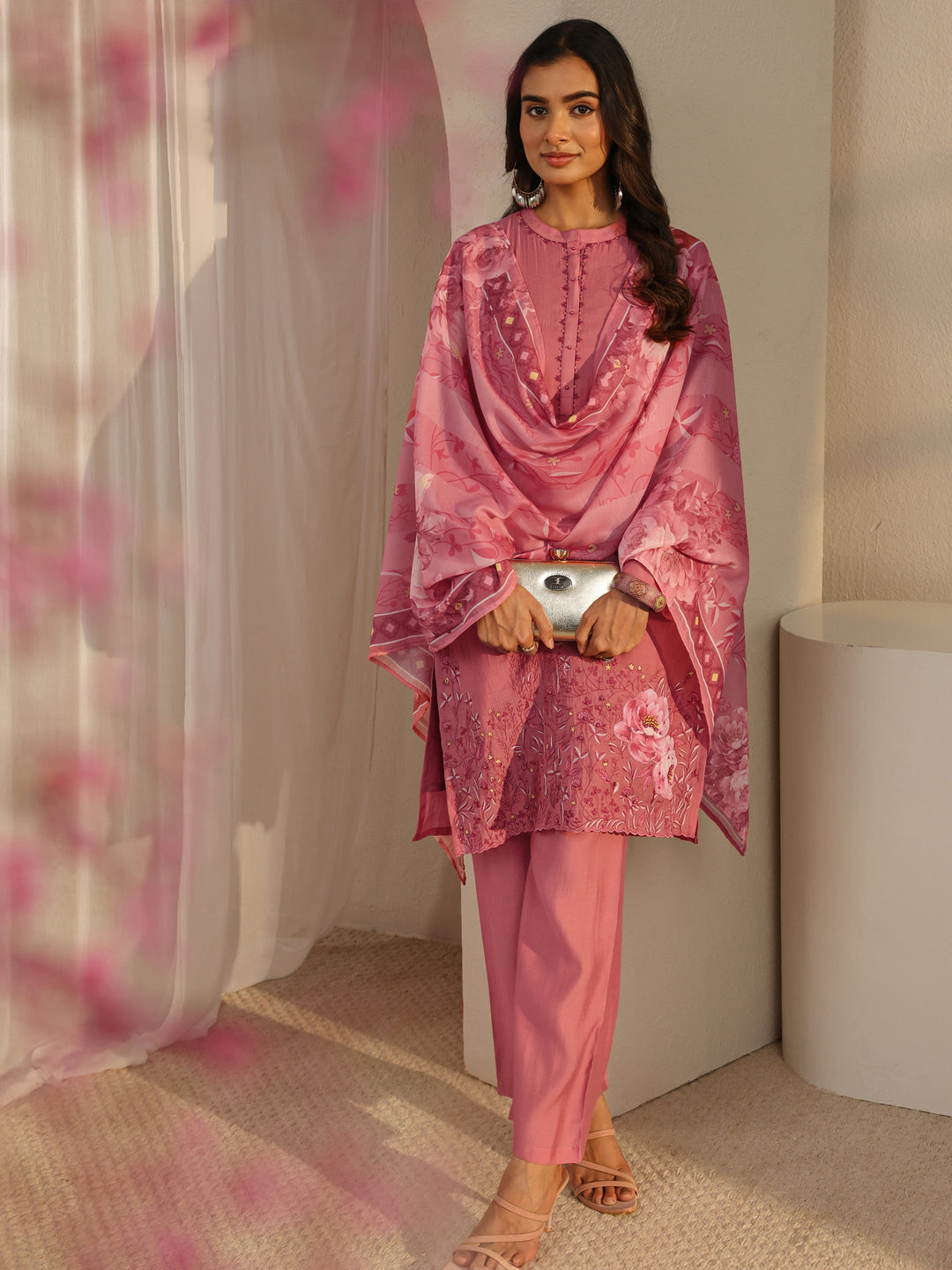  Pink Floral Embroidered Chanderi Silk Straight Suit Set With Dupatta 