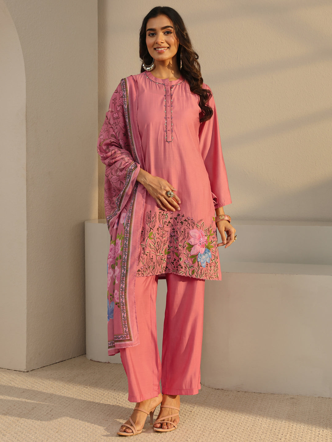  Pink Floral Embroidered Silk Blend Straight Suit Set With Dupatta 