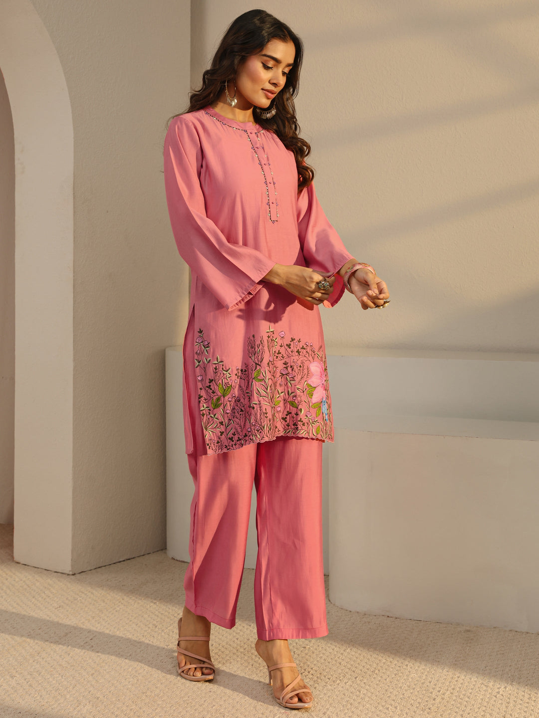  Pink Floral Embroidered Silk Blend Straight Suit Set With Dupatta 