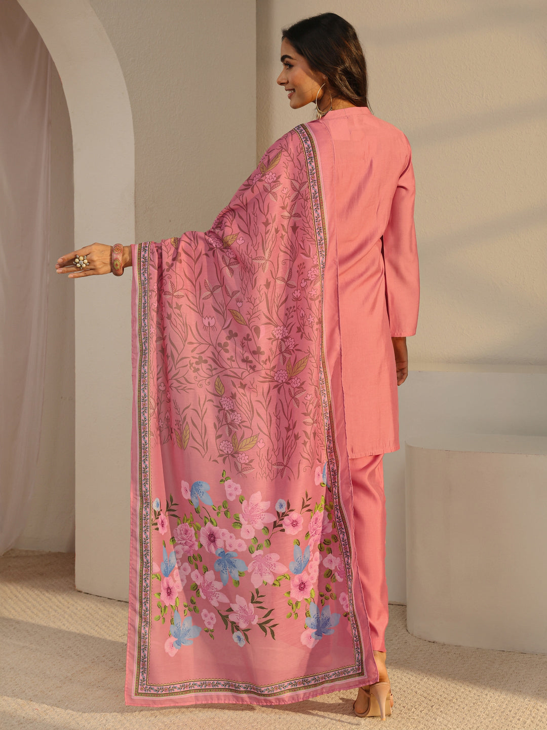  Pink Floral Embroidered Silk Blend Straight Suit Set With Dupatta 