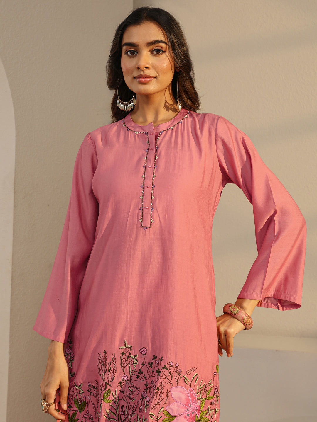  Pink Floral Embroidered Silk Blend Straight Suit Set With Dupatta 
