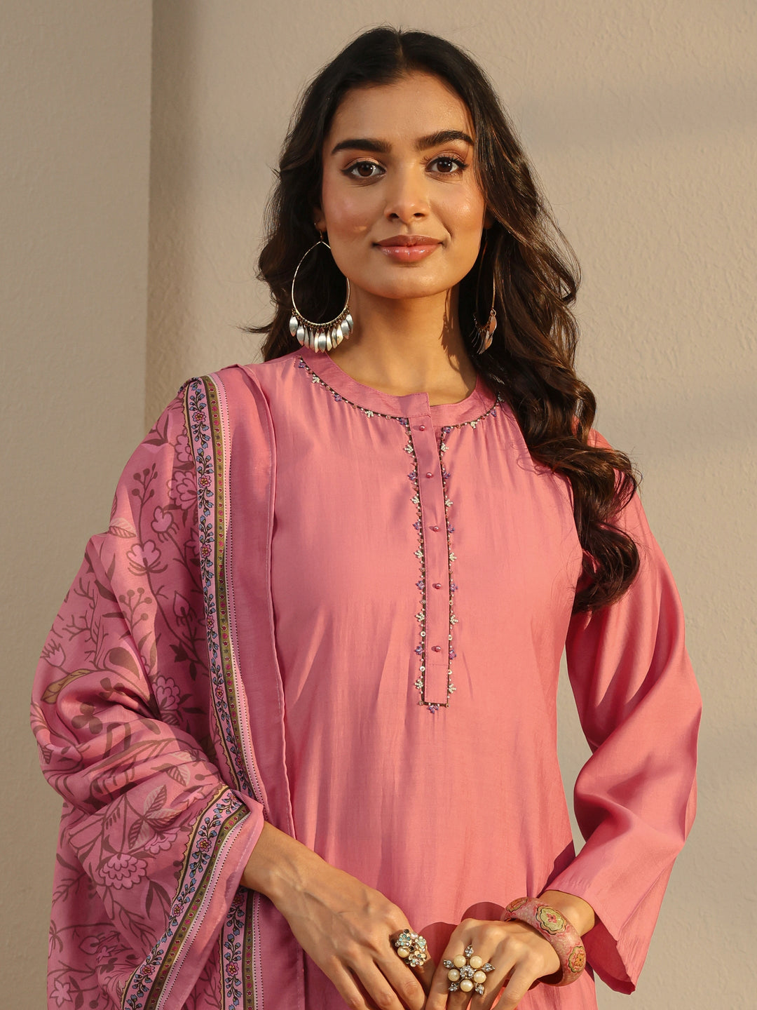  Pink Floral Embroidered Silk Blend Straight Suit Set With Dupatta 