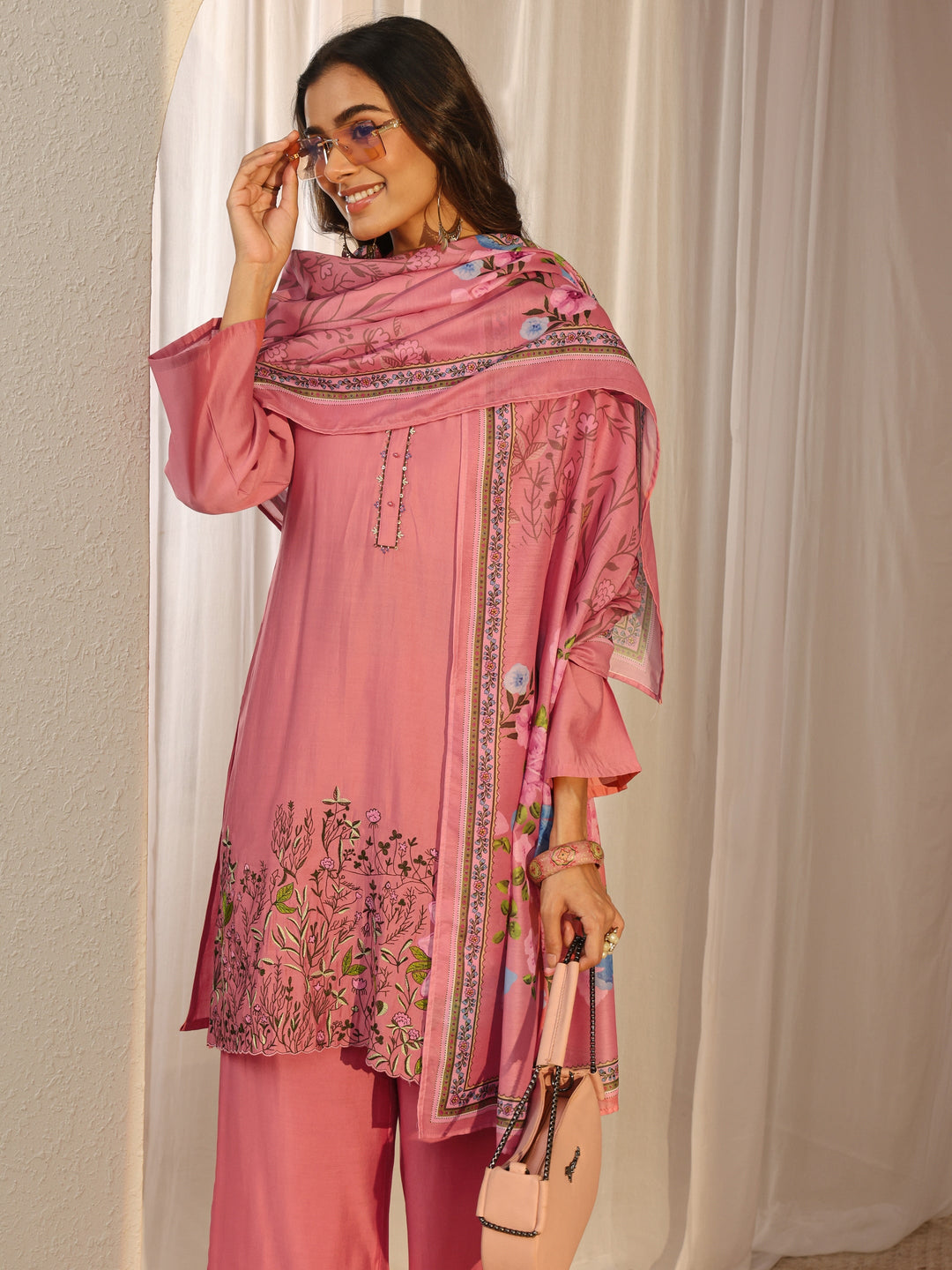  Pink Floral Embroidered Silk Blend Straight Suit Set With Dupatta 