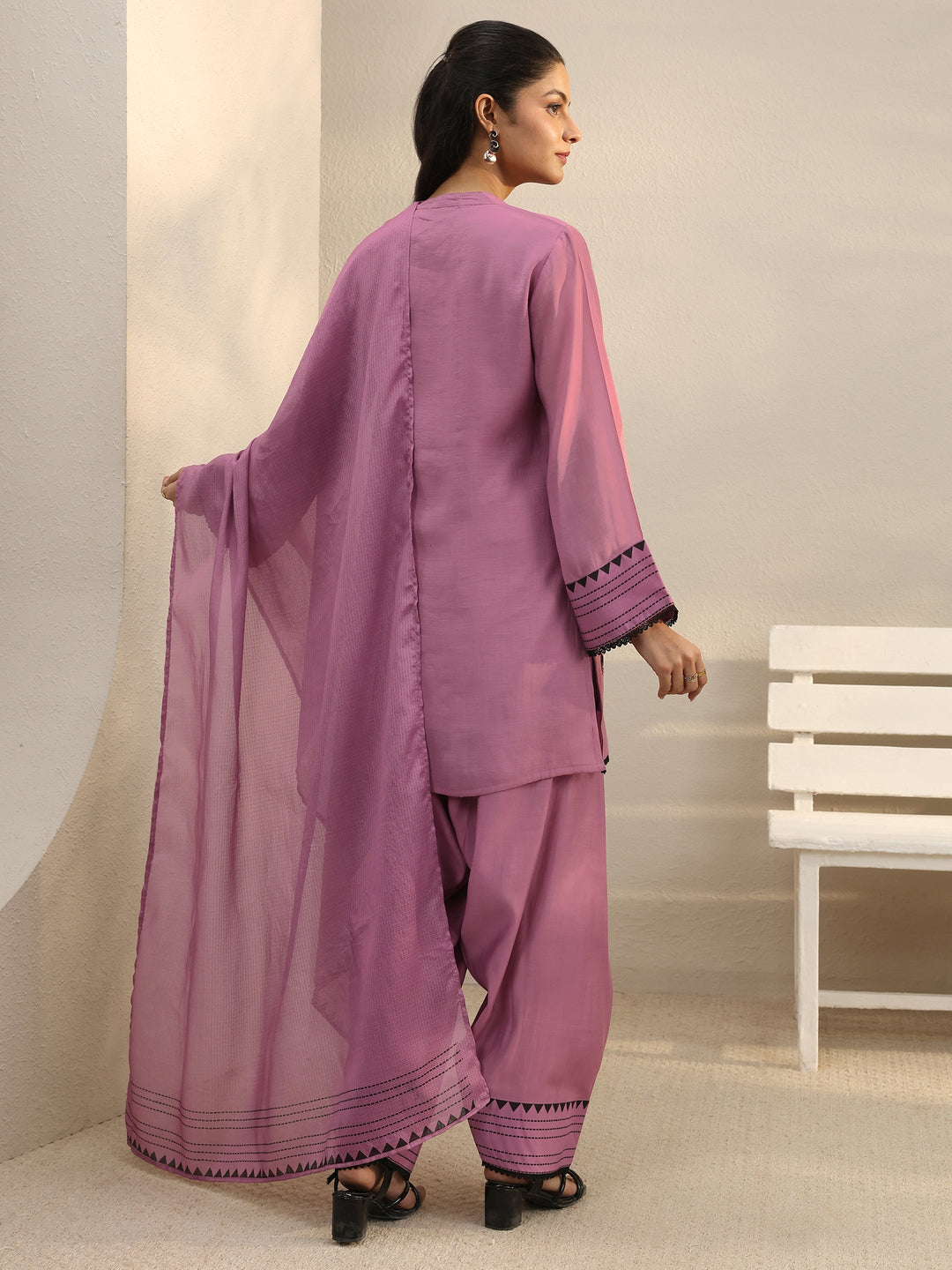  Mauve Floral Embroidered Chanderi Silk Straight Suit Set 