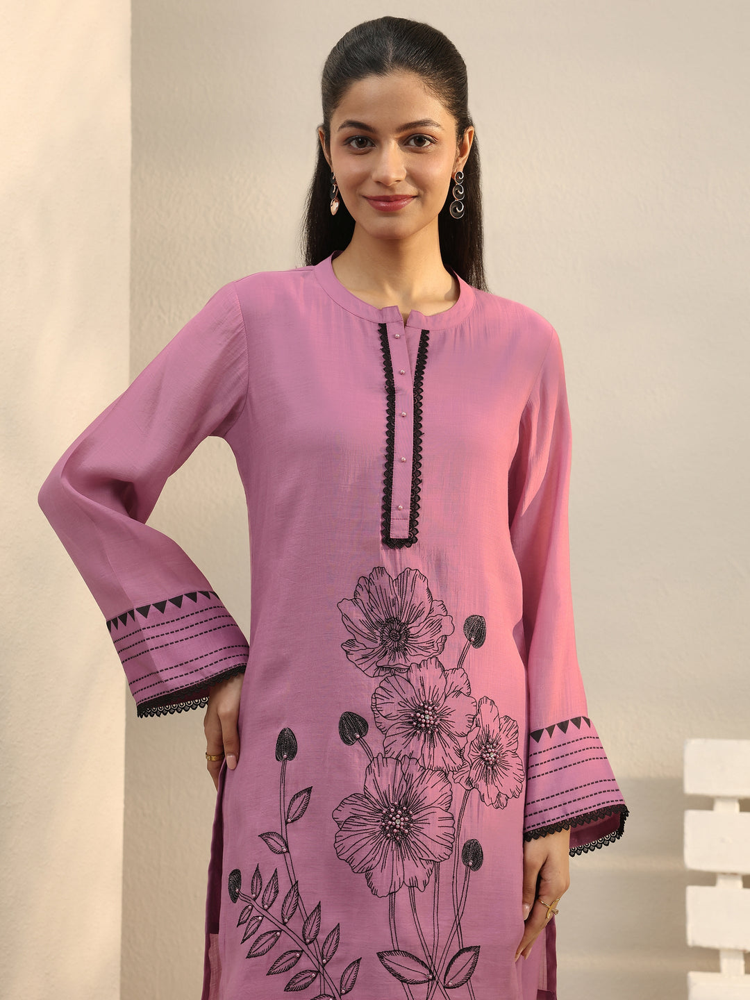 Mauve Floral Embroidered Chanderi Silk Straight Suit Set 