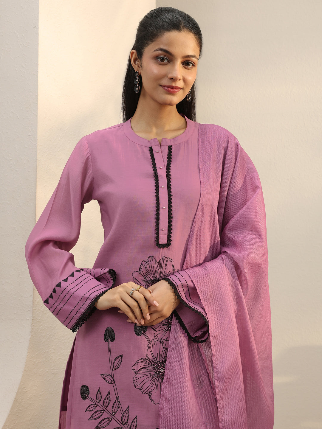  Mauve Floral Embroidered Chanderi Silk Straight Suit Set 