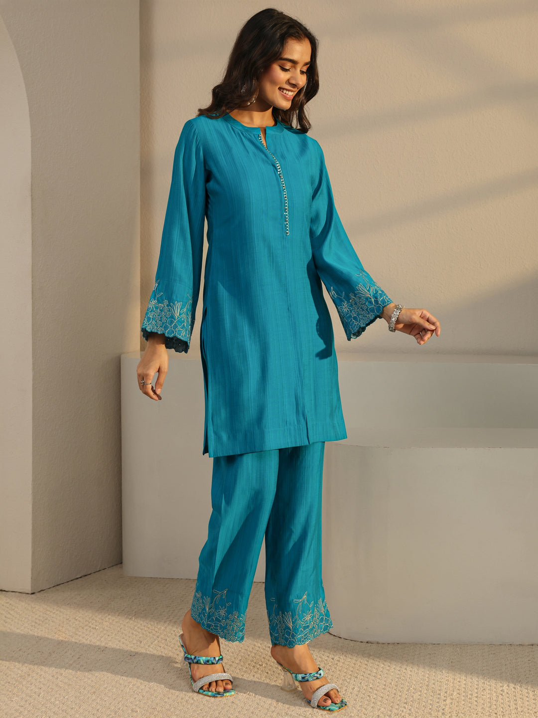  Blue Solid Silk Blend Straight Suit Set With Dupatta 