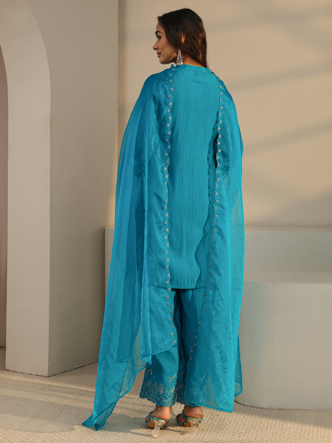  Blue Solid Silk Blend Straight Suit Set With Dupatta 