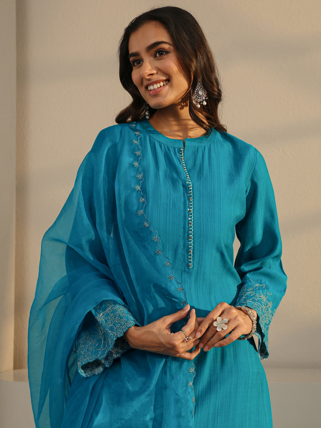  Blue Solid Silk Blend Straight Suit Set With Dupatta 