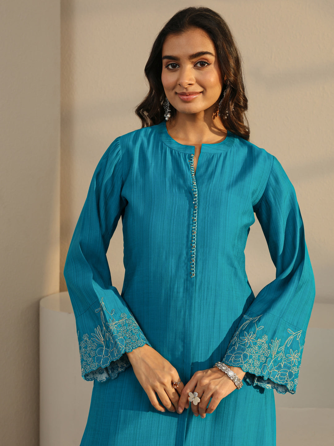  Blue Solid Silk Blend Straight Suit Set With Dupatta 