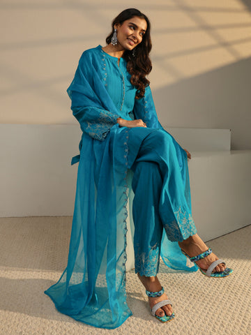 Libas Blue Solid Silk Blend Straight Suit Set