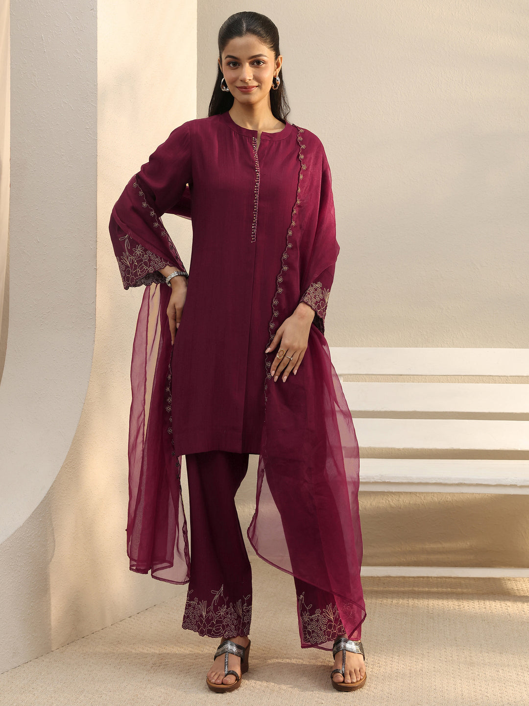  Maroon Floral Embroidered Silk Blend Straight Suit Set 