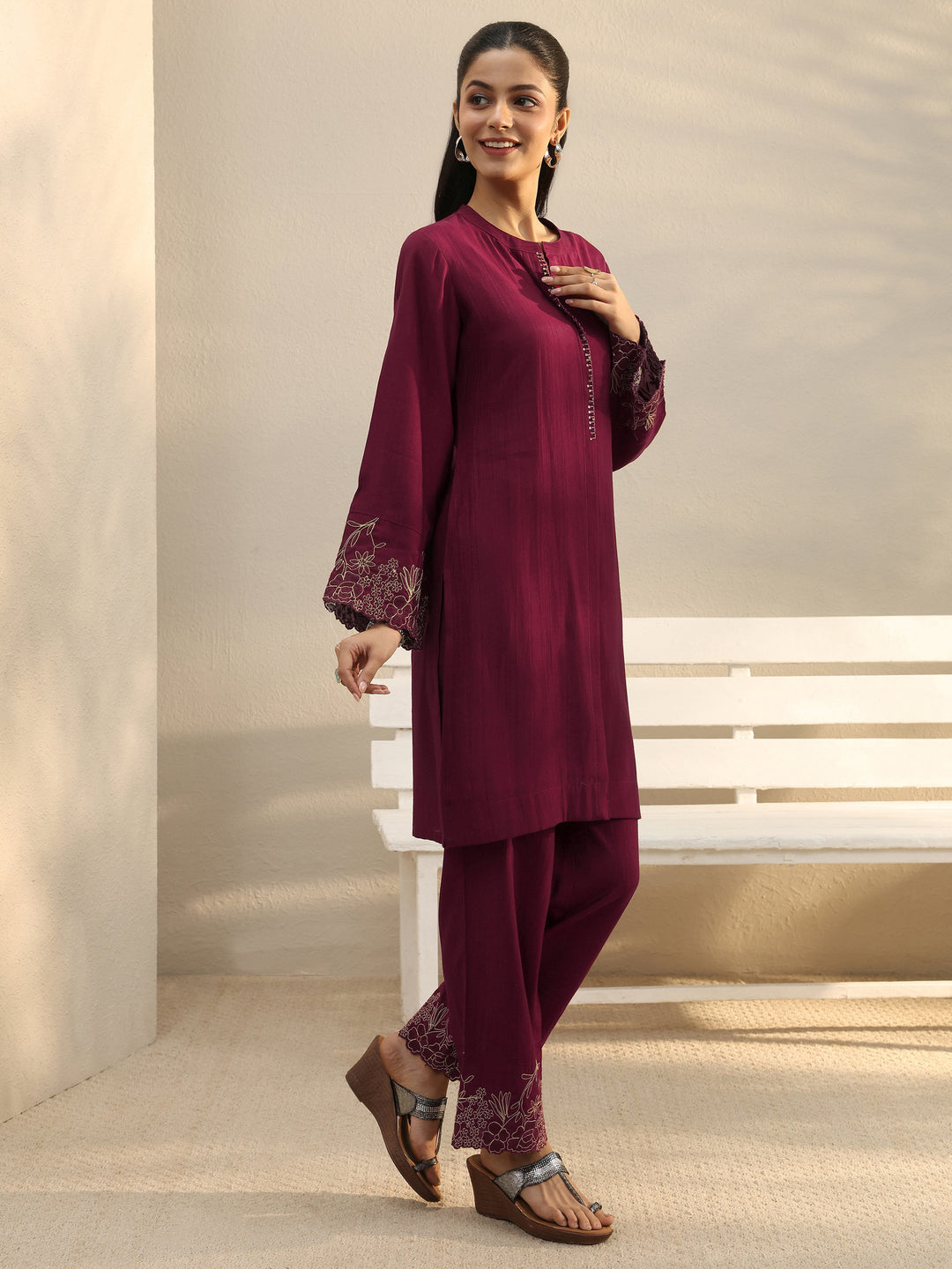  Maroon Floral Embroidered Silk Blend Straight Suit Set 