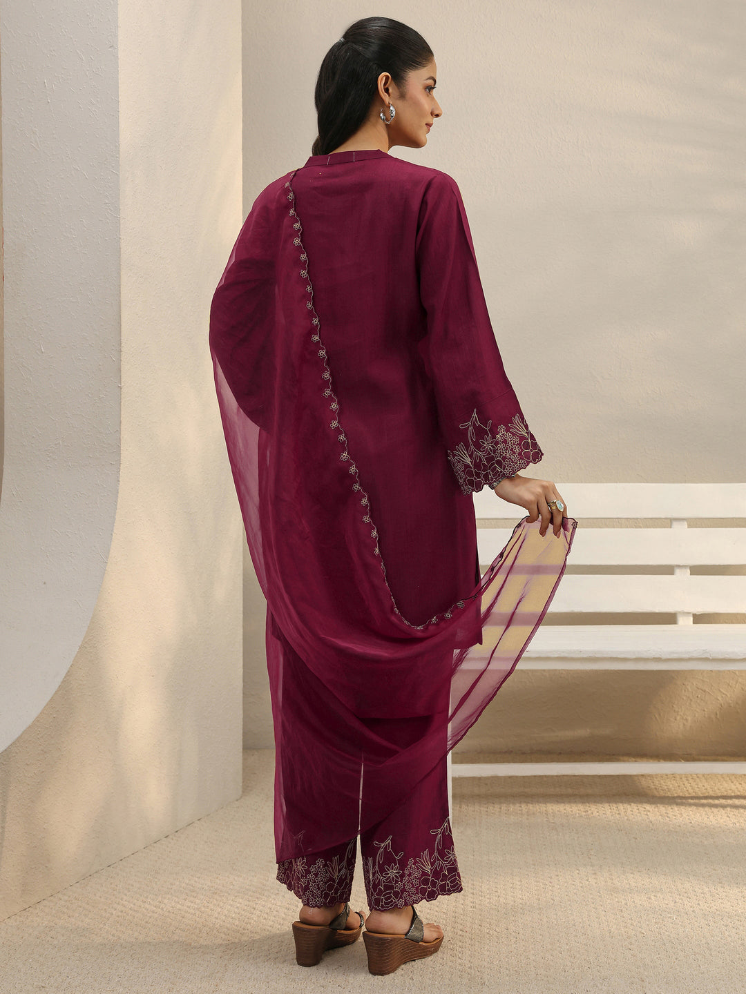  Maroon Floral Embroidered Silk Blend Straight Suit Set 
