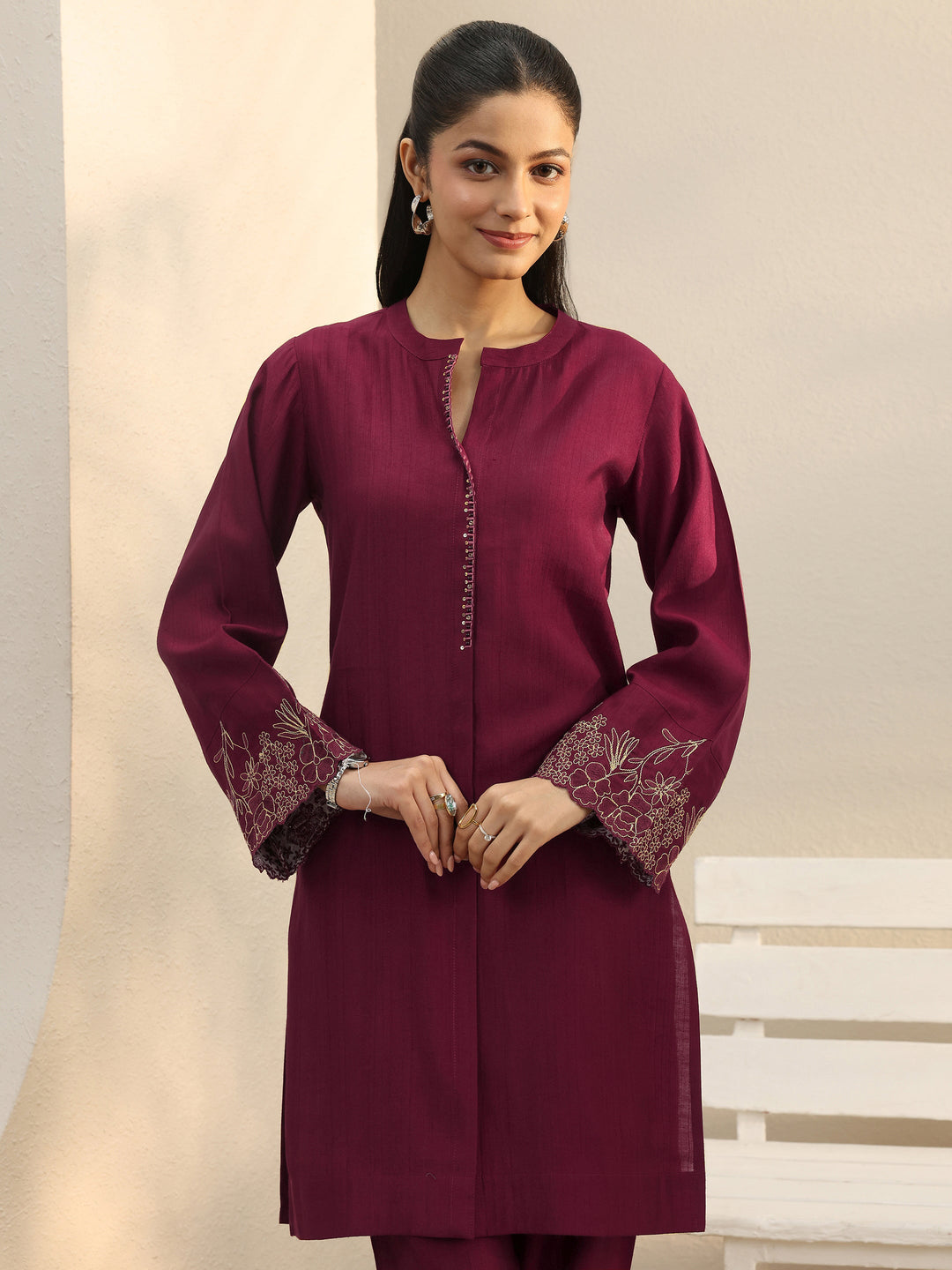  Maroon Floral Embroidered Silk Blend Straight Suit Set 