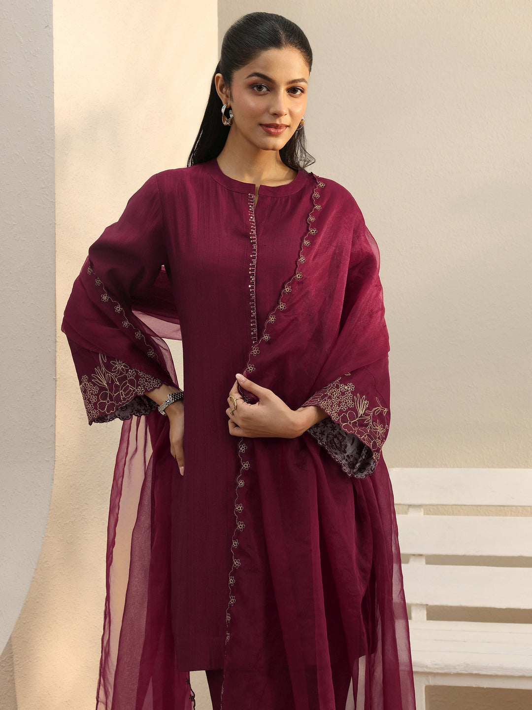  Maroon Floral Embroidered Silk Blend Straight Suit Set 