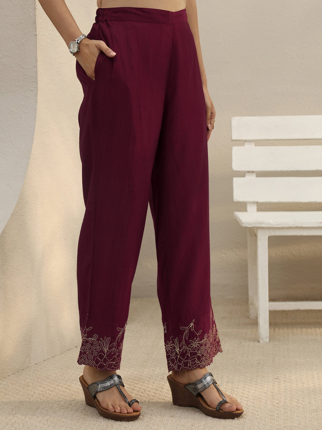  Maroon Floral Embroidered Silk Blend Straight Suit Set 