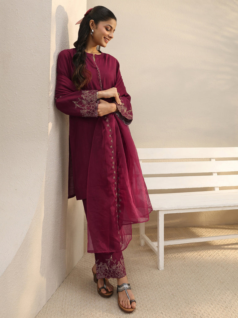 Libas Maroon Floral Embroidered Silk Blend Straight Suit Set