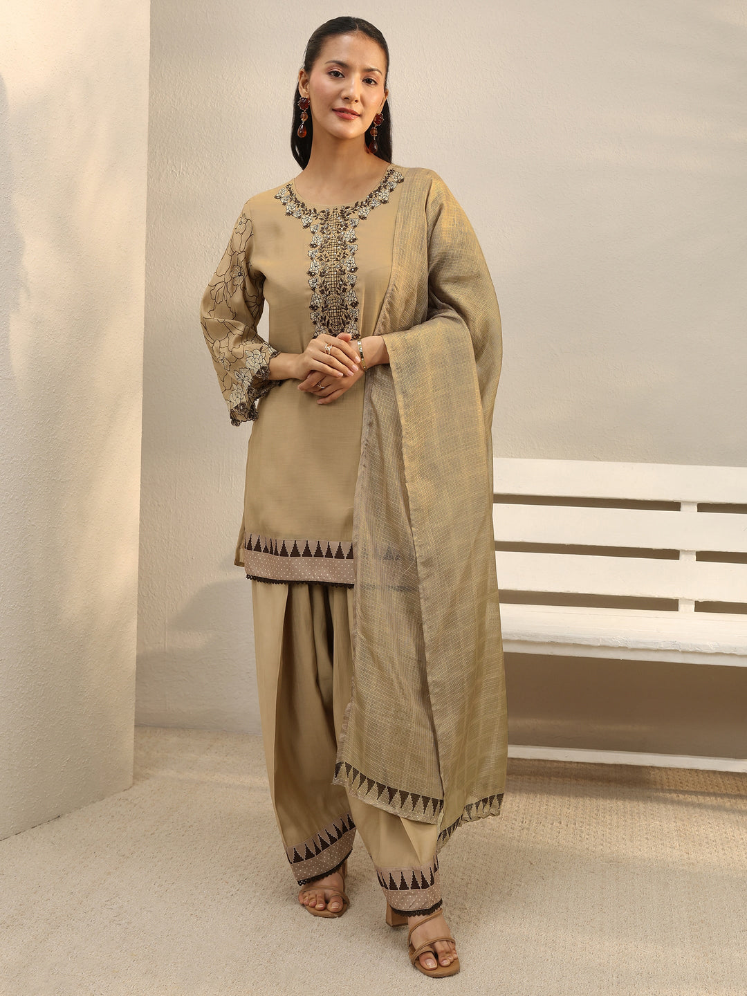  Beige Floral Embroidered Chanderi Silk Straight Suit Set 