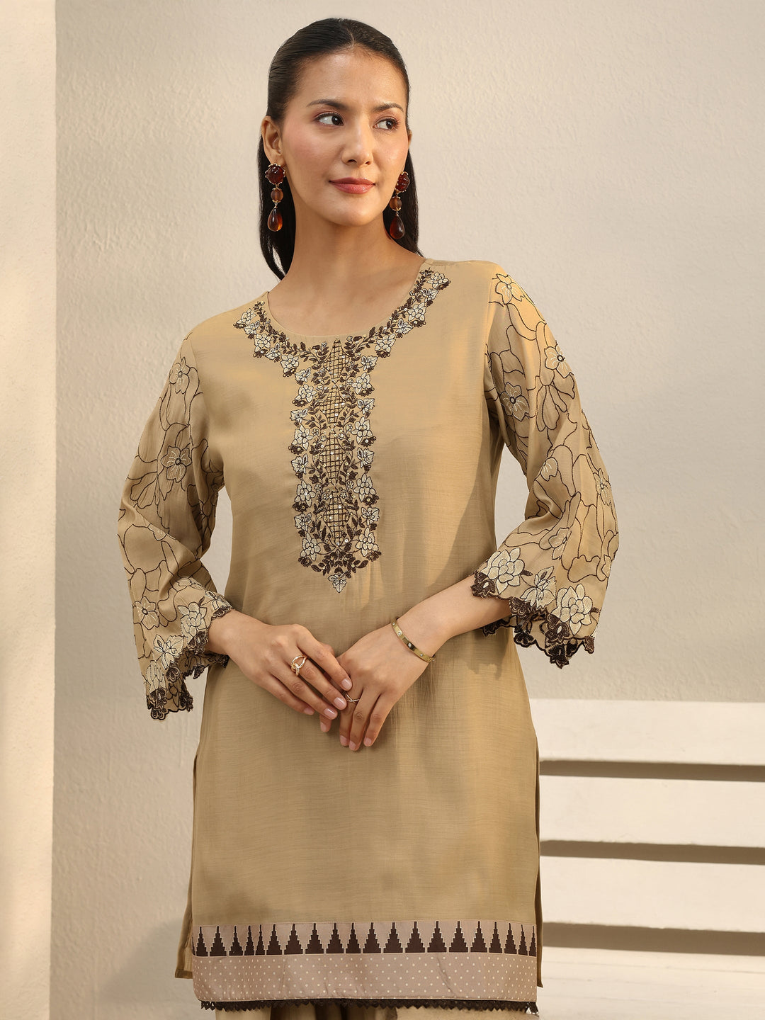  Beige Floral Embroidered Chanderi Silk Straight Suit Set 