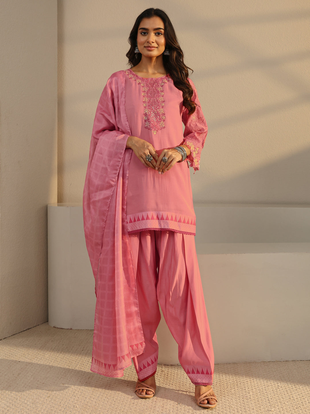  Pink Floral Yoke Design Chanderi Silk Straight Suit Set With Dupatta 