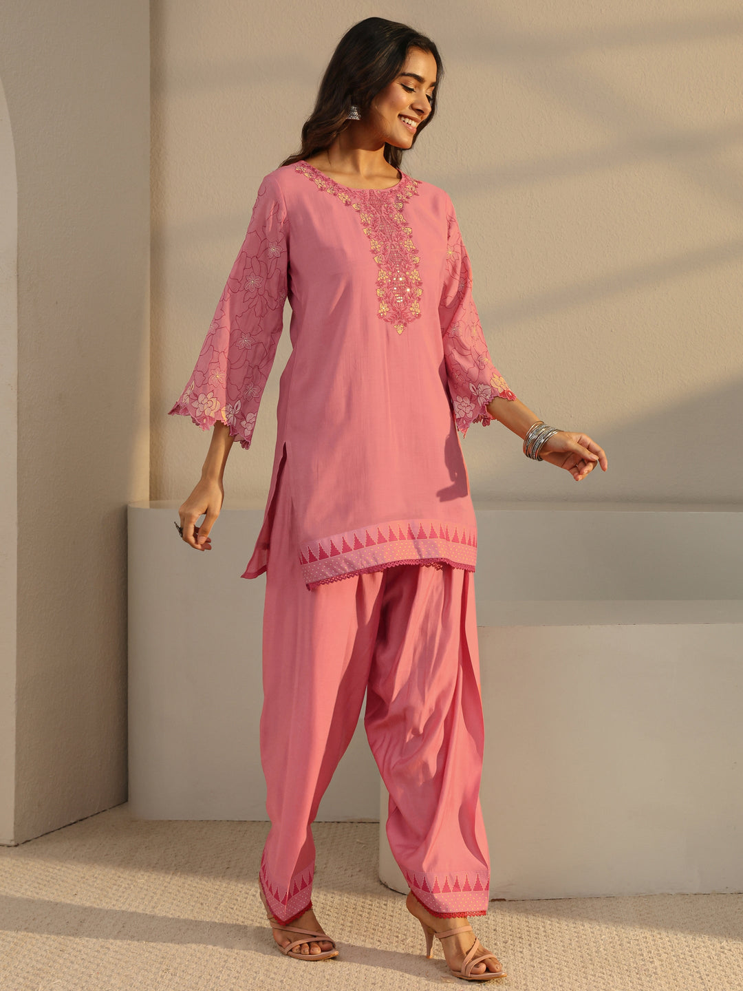  Pink Floral Yoke Design Chanderi Silk Straight Suit Set With Dupatta 
