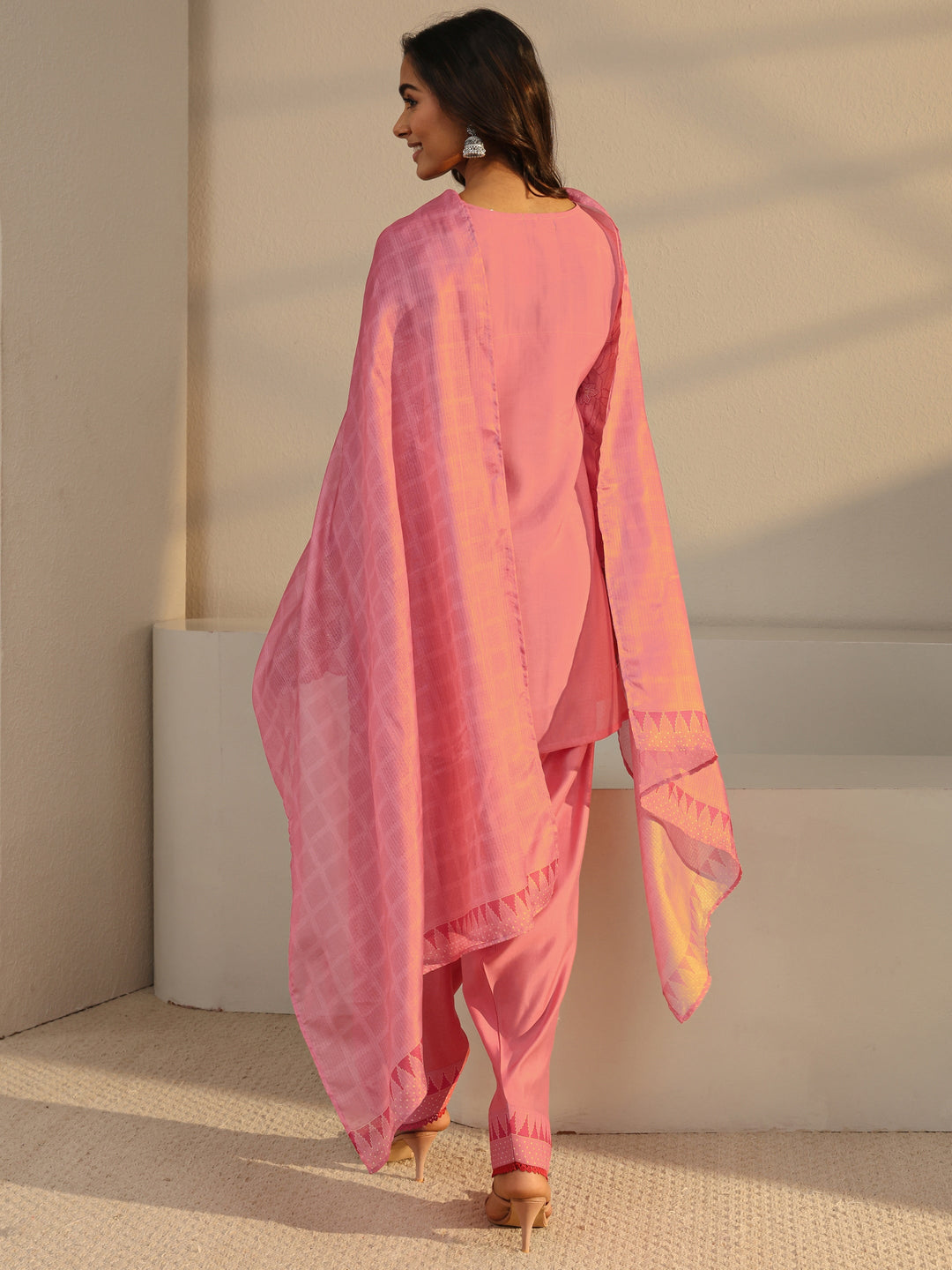  Pink Floral Yoke Design Chanderi Silk Straight Suit Set With Dupatta 
