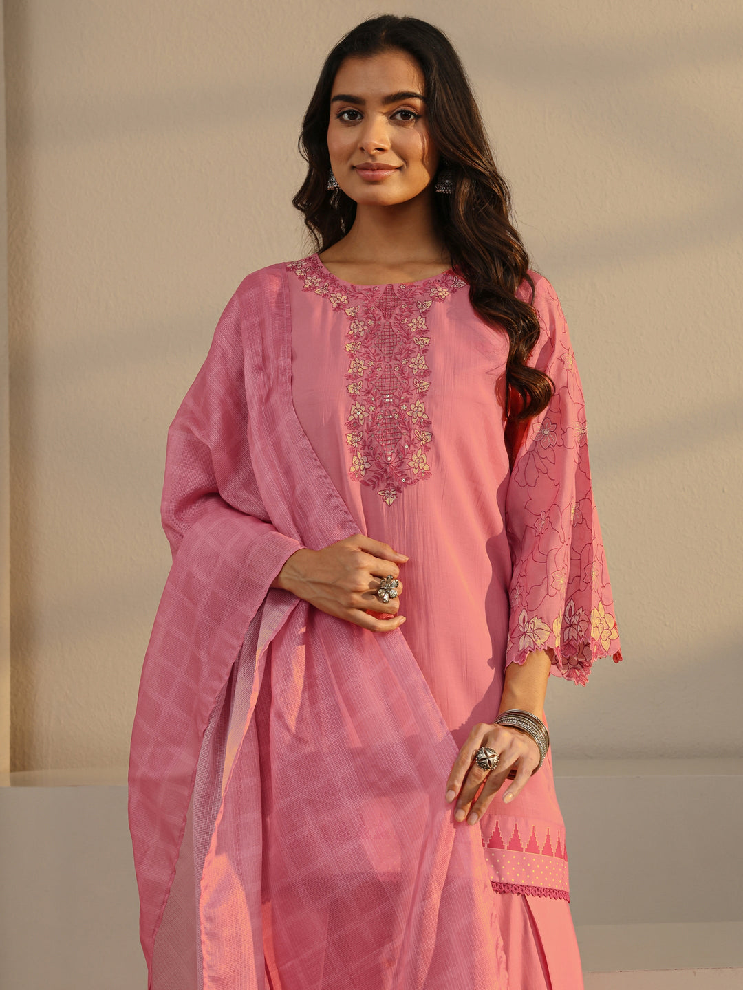 Pink Floral Yoke Design Chanderi Silk Straight Suit Set With Dupatta 