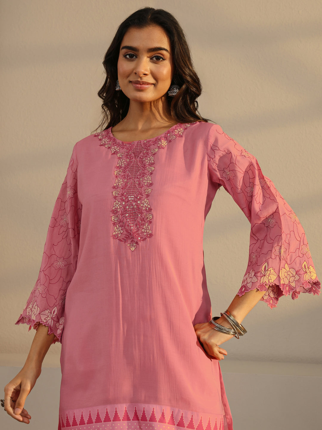  Pink Floral Yoke Design Chanderi Silk Straight Suit Set With Dupatta 
