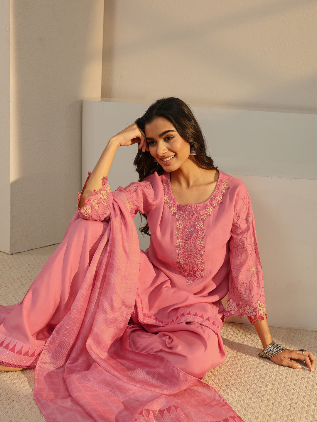  Pink Floral Yoke Design Chanderi Silk Straight Suit Set With Dupatta 