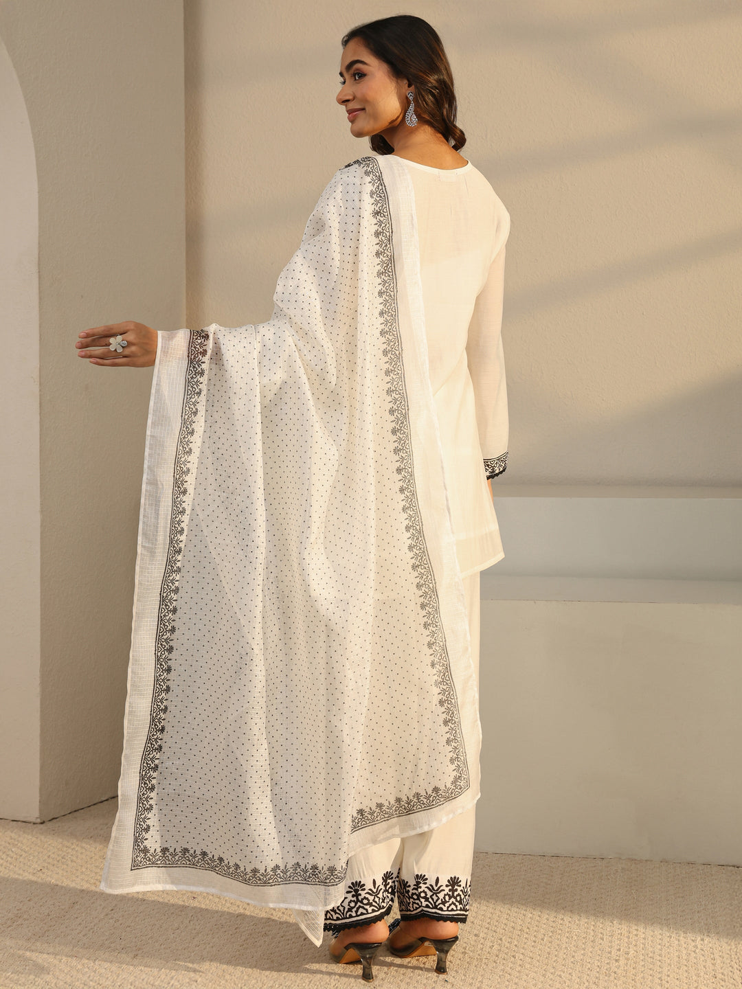  White Floral Embroidered Chanderi Silk Straight Suit Set With Dupatta 