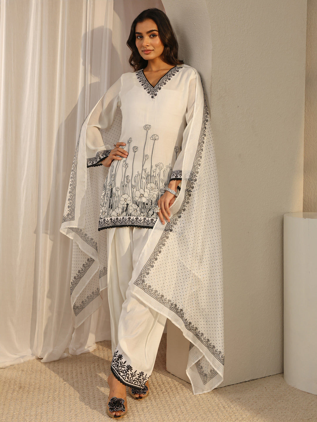  White Floral Embroidered Chanderi Silk Straight Suit Set With Dupatta 