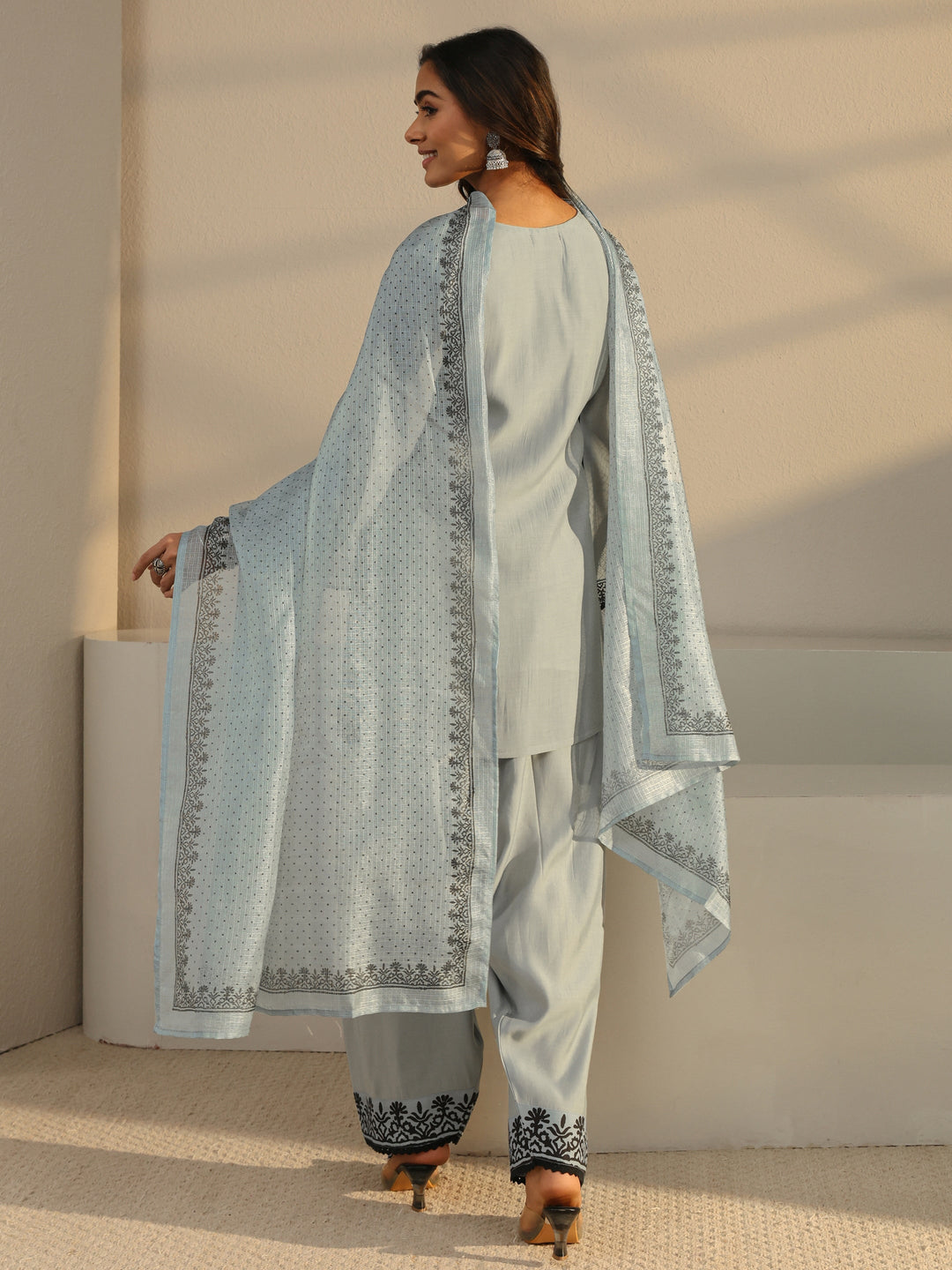 Grey Floral Embroidered Chanderi Silk Straight Suit Set With Dupatta 