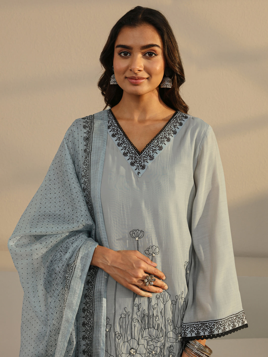  Grey Floral Embroidered Chanderi Silk Straight Suit Set With Dupatta 