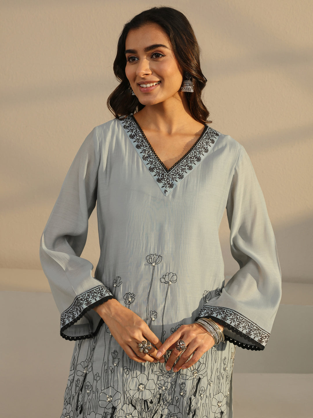  Grey Floral Embroidered Chanderi Silk Straight Suit Set With Dupatta 