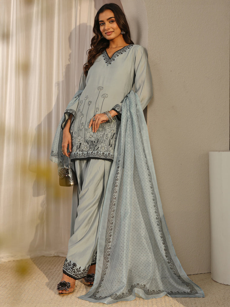 Libas Grey Floral Embroidered Chanderi Silk Straight Suit Set