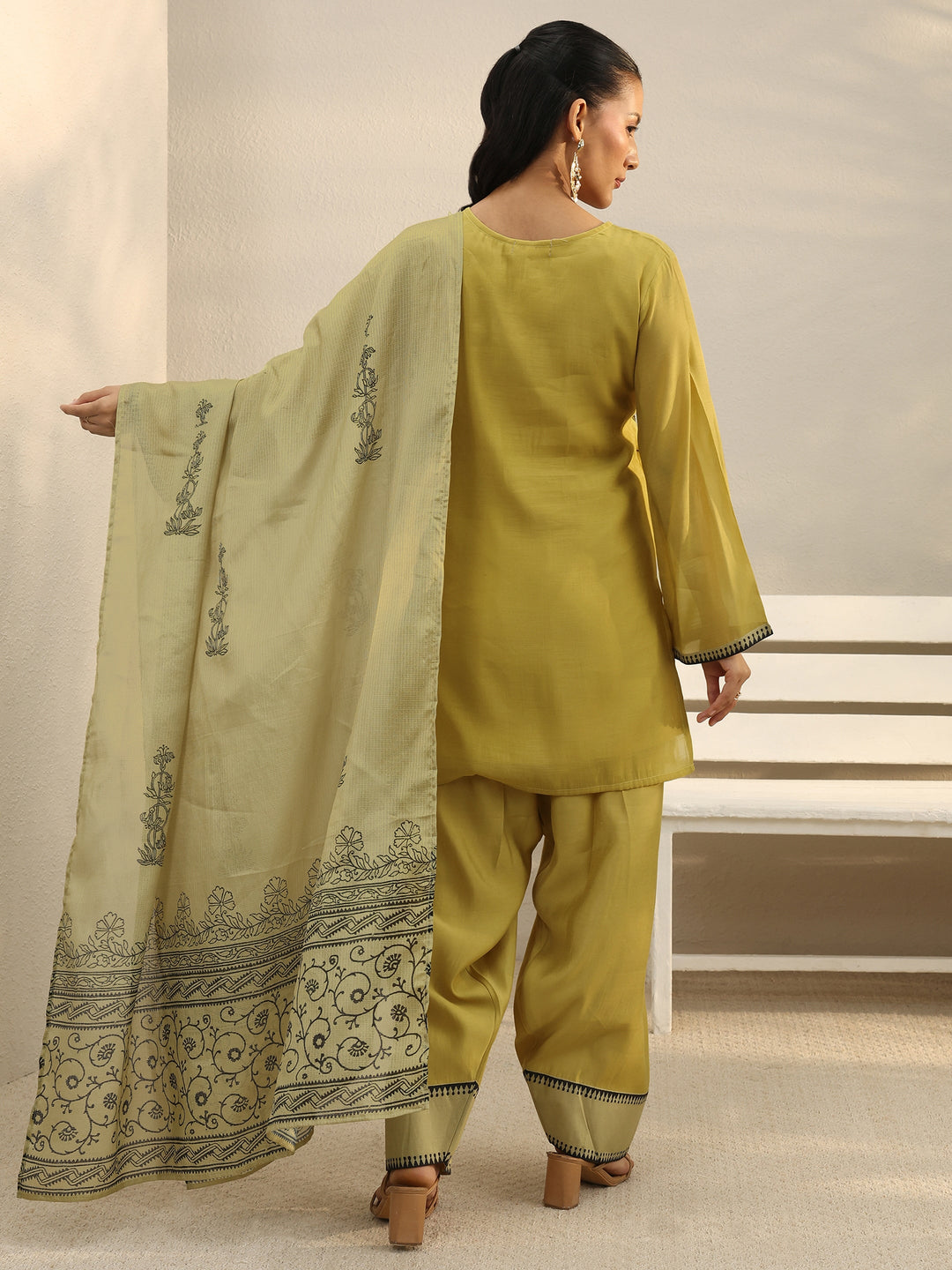  Mustard Floral Embroidered Chanderi Silk Straight Suit Set 