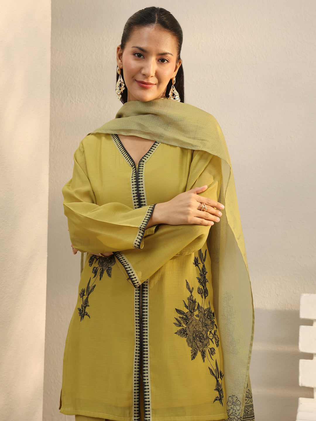 Mustard Floral Embroidered Chanderi Silk Straight Suit Set 