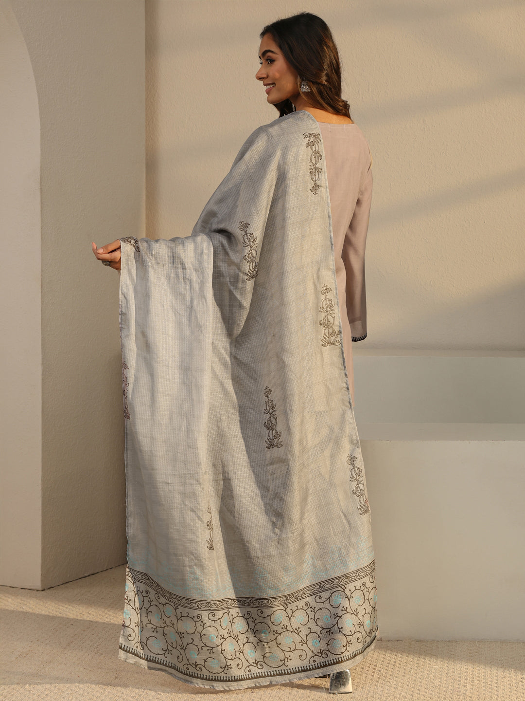  Taupe Floral Embroidered Chanderi Silk Straight Suit Set With Dupatta 