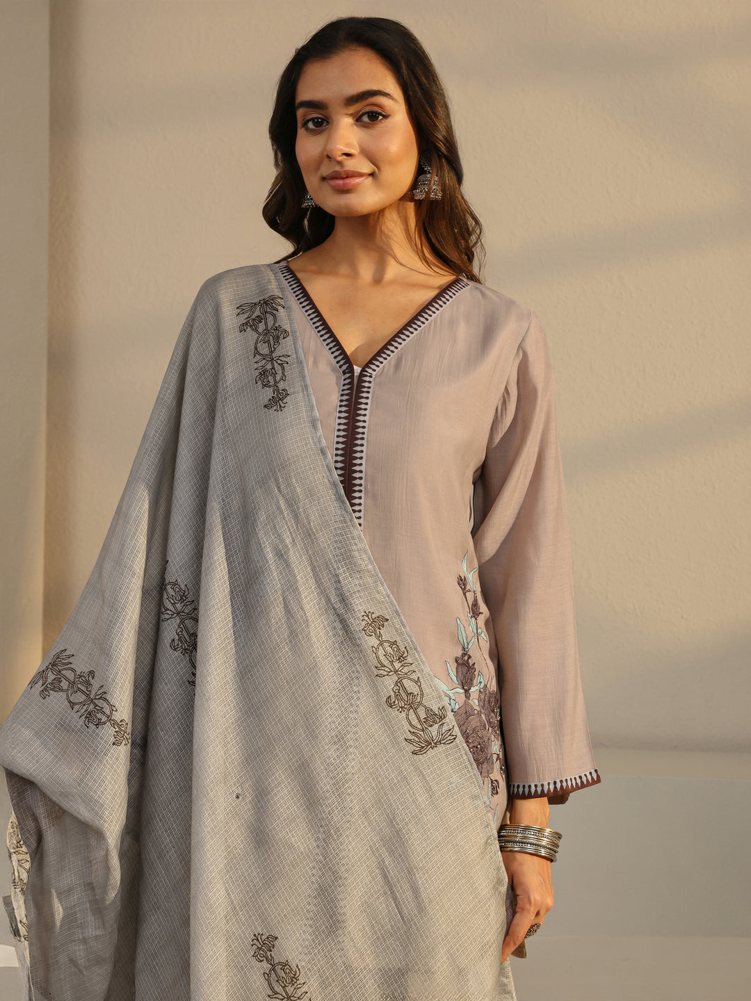  Taupe Floral Embroidered Chanderi Silk Straight Suit Set With Dupatta 