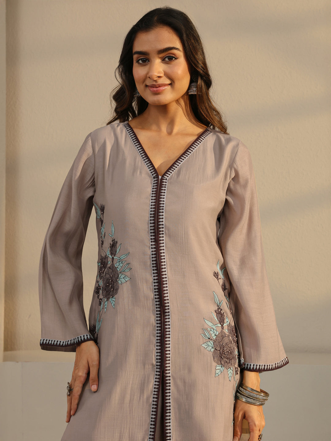  Taupe Floral Embroidered Chanderi Silk Straight Suit Set With Dupatta 