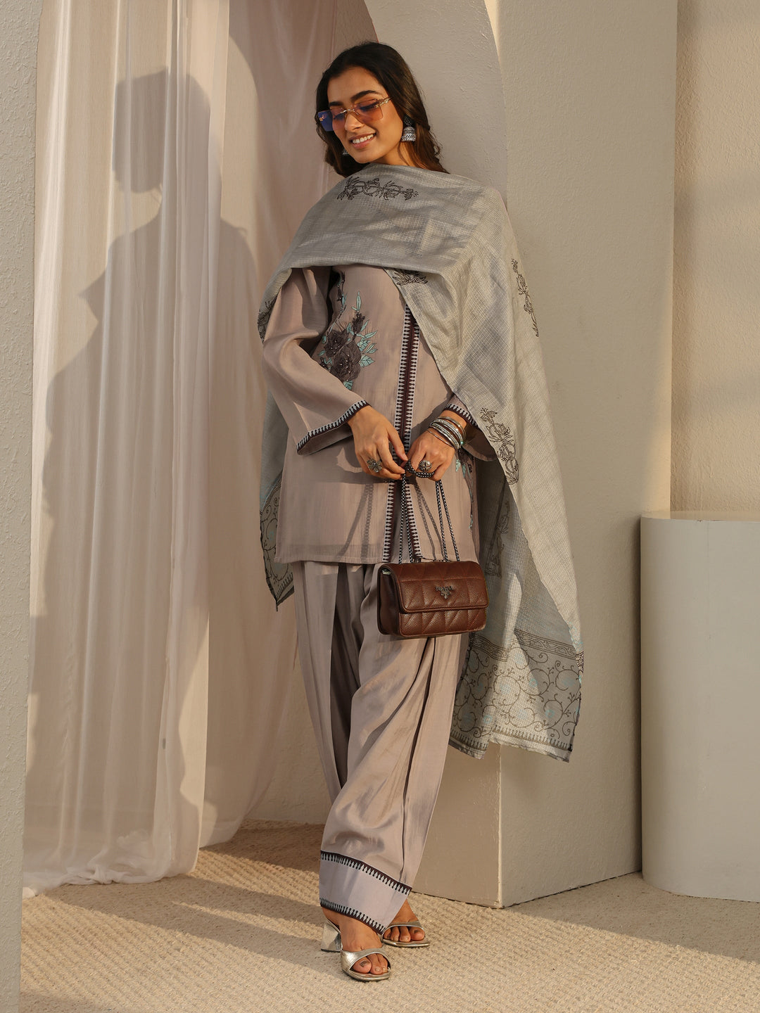  Taupe Floral Embroidered Chanderi Silk Straight Suit Set With Dupatta 